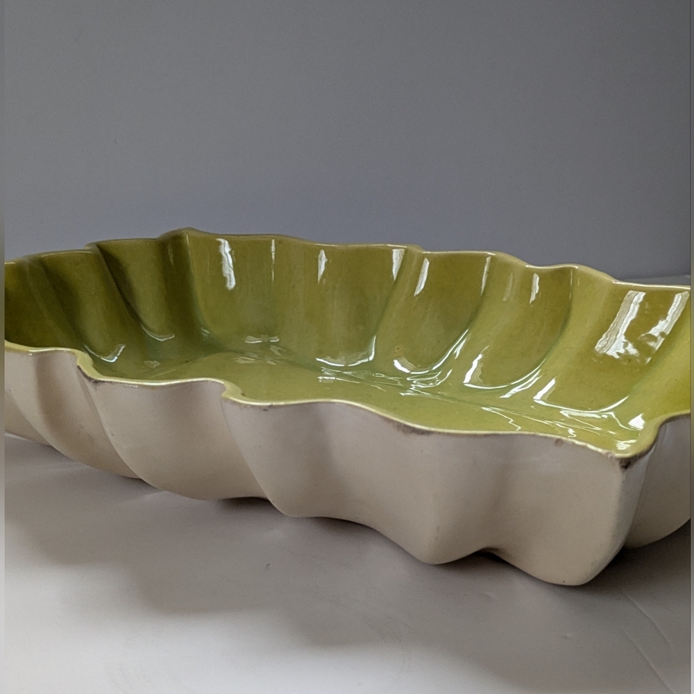 Los Angeles Potteries Vintage Green Ruffled Ceramic Dish Large Low Planter 600 - Picture 9 of 16